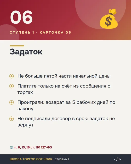 Карточка Школы торгов ЛОТ·КЛИК: задаток